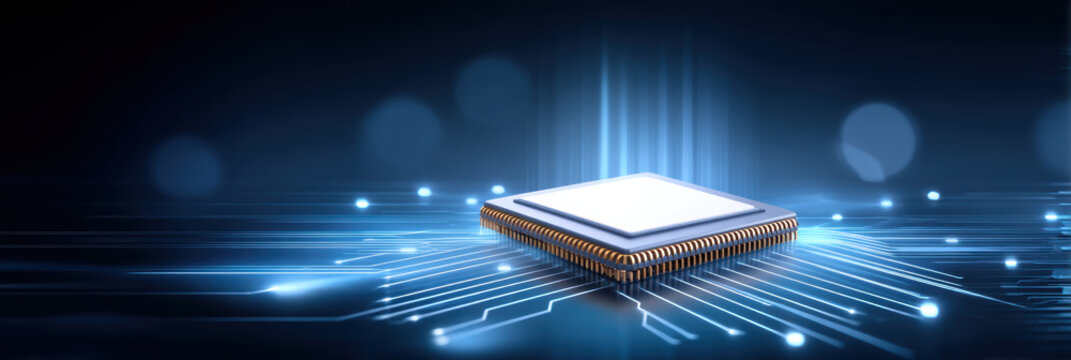 Ai healthcare glowing microchip on circuit board emitting blue light and futuristic energy beams - Powered by Adobe