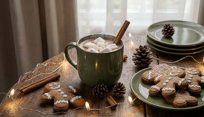 Hot Chocolate with Marshmallows and Gingerbread Cookies on a Wooden Table