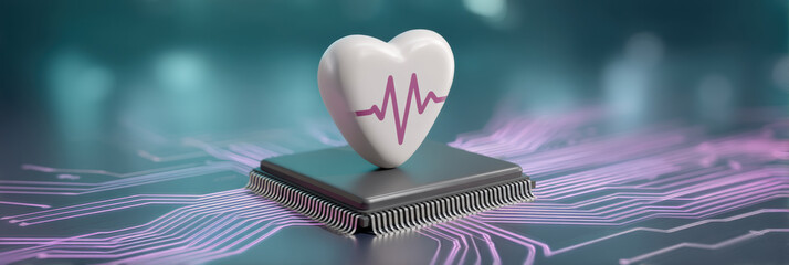 Heart shaped sensor on microchip with heartbeat waveform symbol blending ai healthcare tech