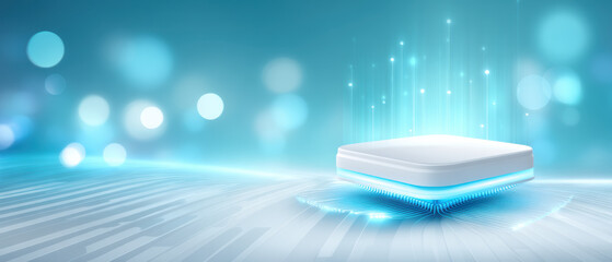 Ai healthcare futuristic data hub glowing device on digital network with soft bokeh light