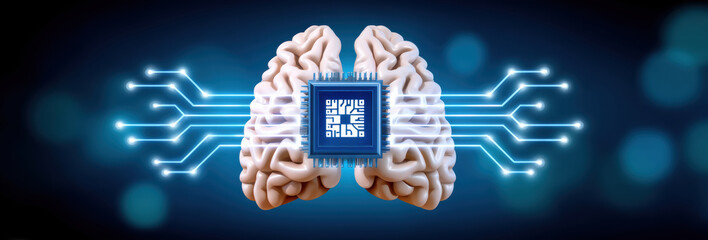 Ai healthcare neural chip connecting brain halves with glowing circuit lines