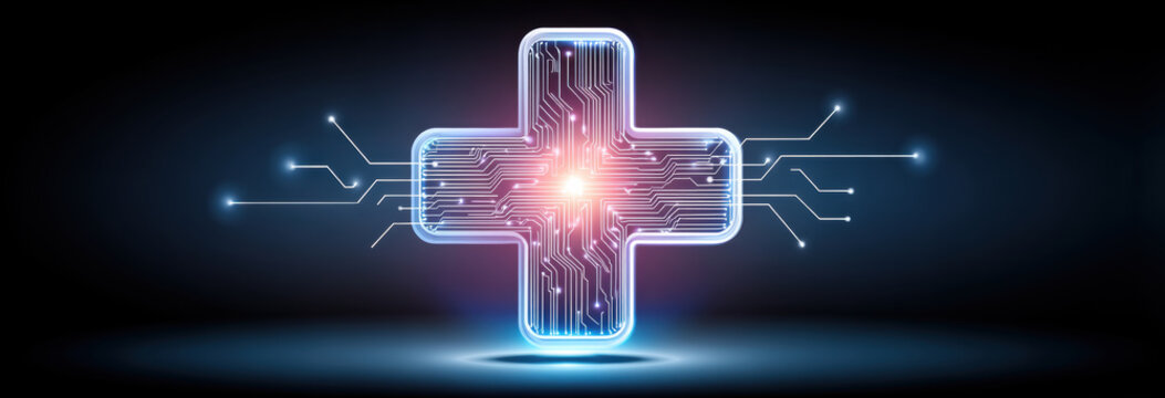 Ai healthcare glowing circuit cross with digital network and medical technology fusion