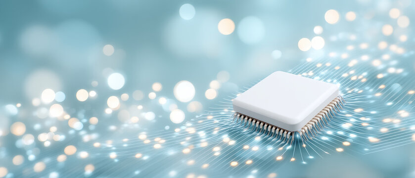 Ai healthcare microchip concept with glowing circuit lines and soft bokeh light effects