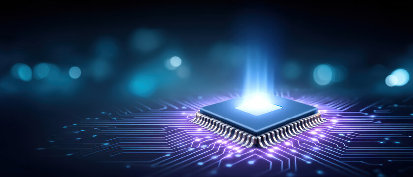 Ai healthcare glowing microchip on circuit board with futuristic light beam and blue neon energy