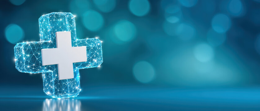 Ai healthcare blue digital cross symbol with network connections glowing in modern clinic scene - Powered by Adobe