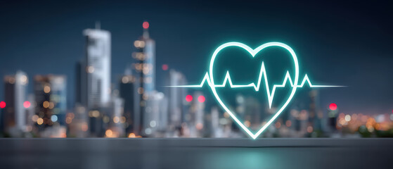 Ai healthcare heart rate neon icon over blurred city skyline night conveying modern medical care