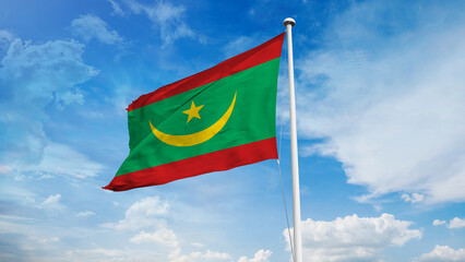 Realistic close-up of the Mauritania flag waving on a tall flagpole under a bright sky with scattered clouds, showing smooth wind motion, vivid colors, and a strong sense of national pride.
