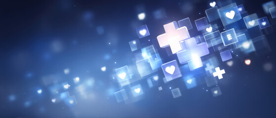 Ai healthcare glowing medical cross and heart icons in blue digital background