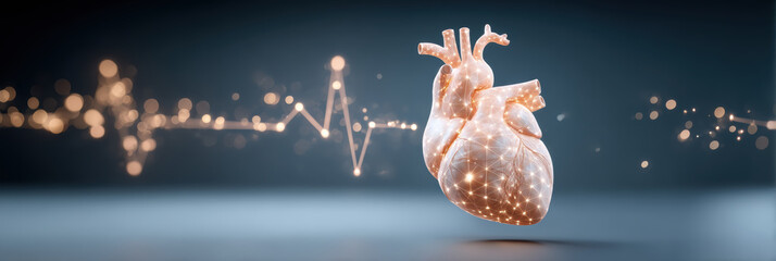 Ai healthcare glowing anatomical heart with network connections and heartbeat line