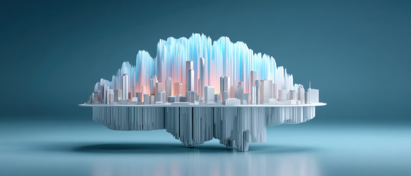 Futuristic city cloud ai healthcare skyline with glowing towers and reflective base