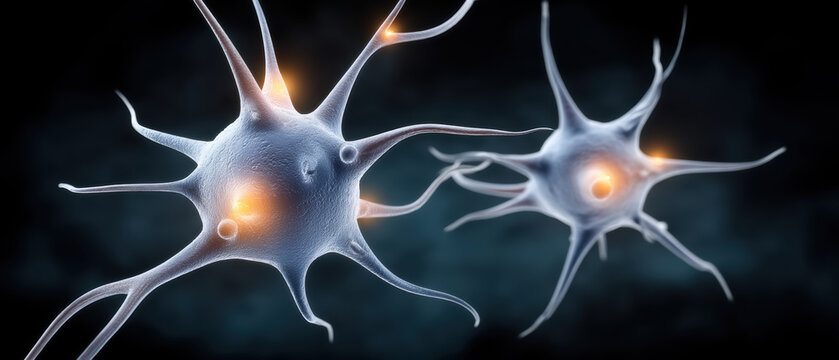 Neural cell network glowing with orange synapse signals ai healthcare innovation microscopic