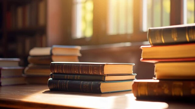 a pile of books on the table near the glass window