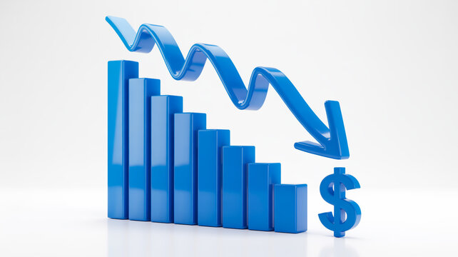 A 3D rendered financial chart showing a downward trend in blue colors against a white background