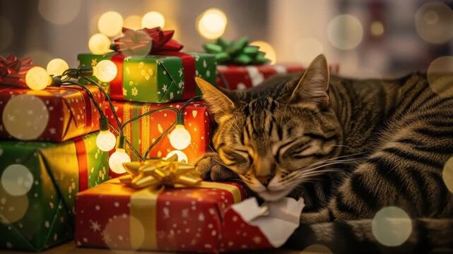 Cat resting near presents with illuminated string lights