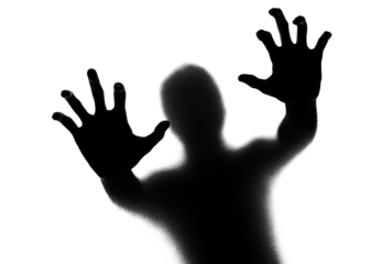 Scary silhouette of person with hands against surface, isolated on transparent cutout background