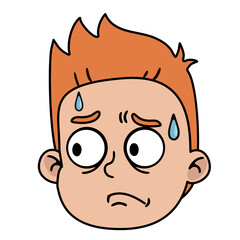 Sweating boy with red hair looks worried and confused. Child face showing anxiety and fear for emoji or sticker design.