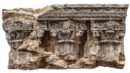 Ancient temple relief fragment background isolated on a Transparent background, PNG file.