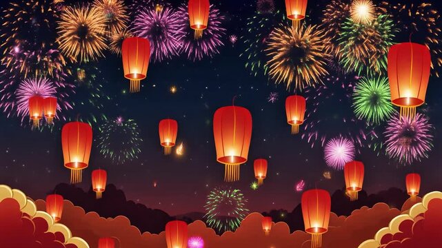 Chinese lantern festival night sky celebration with fireworks animation