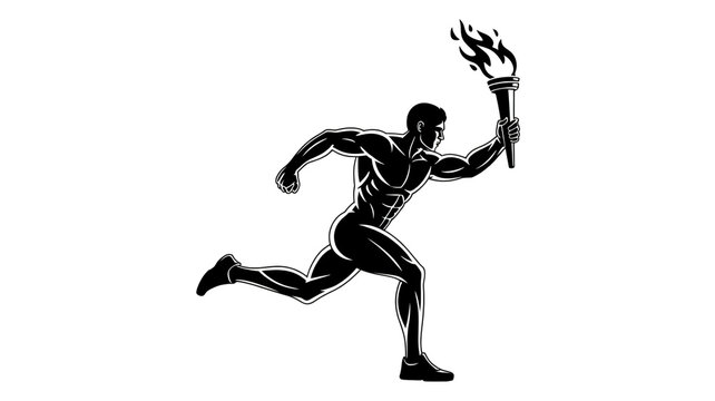A black and white silhouette illustration of a male athlete running while holding a flaming torch overhead