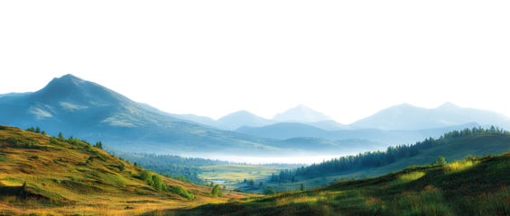Blue mountain range and lush valley scenery, isolated on transparent cutout background