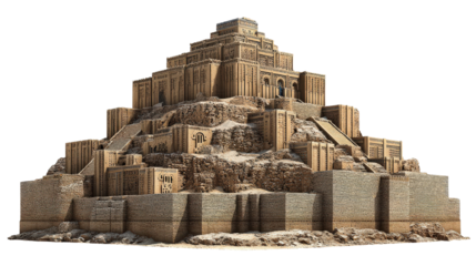 Ancient Ziggurat of Ur structure background isolated on a Transparent background, PNG file.
