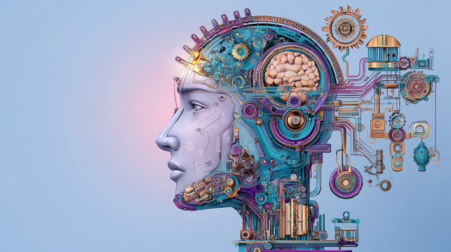 A conceptual fusion of technology, nature, and humanity.The concept of LLM, Large Language Model ,AI,Artificial intelligence or a cyborg/android,deep learning,Vector data,illustrator.	