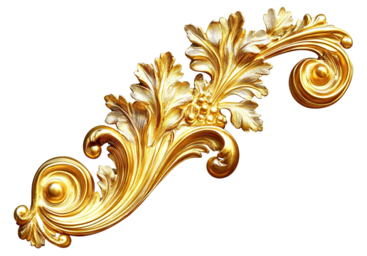 Golden ornate floral decoration with leaves, isolated on transparent cutout background