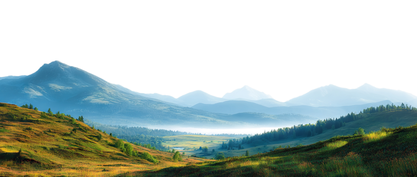 Blue mountain range and lush valley scenery, isolated on transparent cutout background