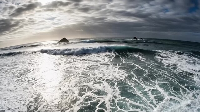 An expansive aerial view captures the powerful, dramatic ocean as large waves surge and break into intricate white foam patterns under a vast, moody sky. Streaks of sunlight pierce through the thick c