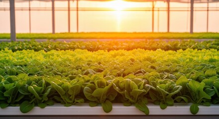 Green lettuce plants growing inside a modern greenhouse under bright sunlight