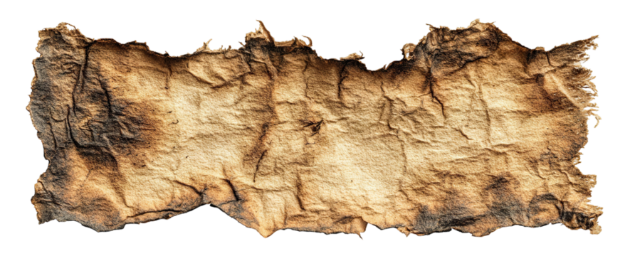 Old burnt sheet of paper with wrinkled texture, isolated on transparent cutout background