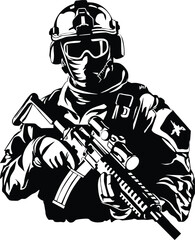Black and white illustration of soldier with weapon