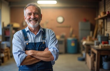 Smiling mature man in blue overalls stands with arms crossed in his workshop. He has gray hair and a beard. The garage has tools and workbenches. The man looks happy and proud of his work.