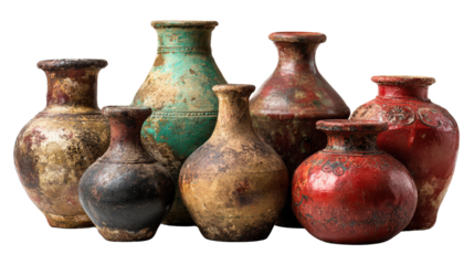 Assorted old decorative vases, background isolated on a Transparent background, PNG file.