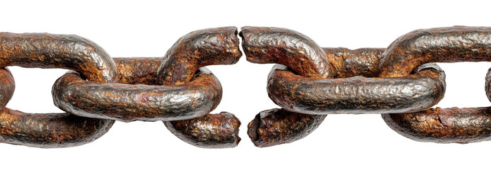 Obraz premium Rusty broken iron chain with corroded links, isolated on transparent cutout background
