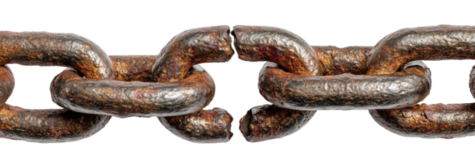 Rusty broken iron chain with corroded links, isolated on transparent cutout background
