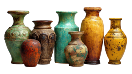 Assorted old decorative vases, background isolated on a Transparent background, PNG file.