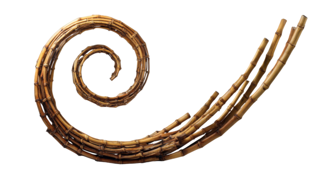 Artistic spiral of bamboo stalk forming a loop, showcased on white isolated on a Transparent background, PNG file.