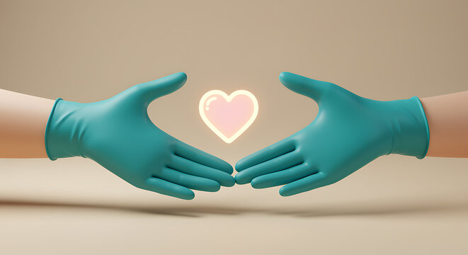 Two teal gloved hands reaching towards a glowing pink heart