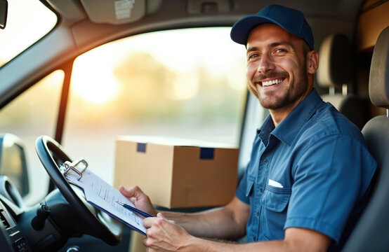 Smiling man in blue uniform sits in delivery van with package and clipboard. Driver checks order notes before transit. Pro courier ready for shipping.