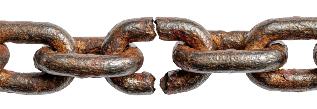 Rusty broken iron chain with corroded links, isolated on transparent cutout background