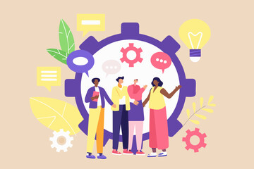 Diverse team collaboration and idea generation with gears and speech bubbles