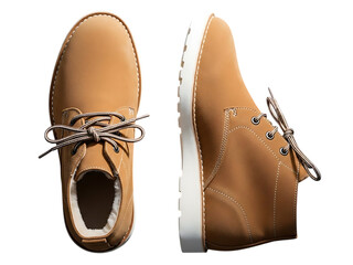 Top and side view of a pair of tan suede desert boots with white sole isolated on transparent background