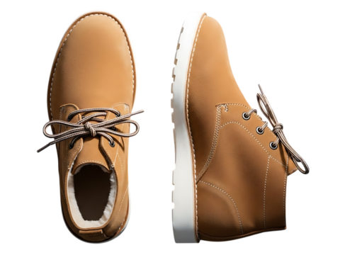 Top and side view of a pair of tan suede desert boots with white sole isolated on transparent background