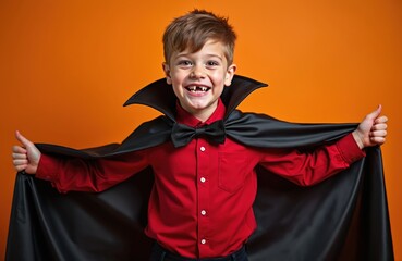 Happy boy dressed as vampire shows thumbs up for Halloween. Young child in costume celebrates holiday on orange background. Kid with missing tooth wears cape and bow tie smiling.