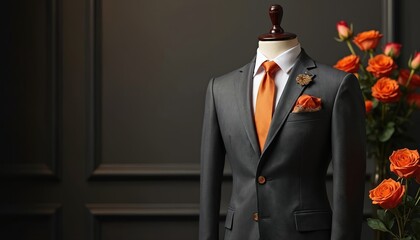Formal grey suit on mannequin with orange tie and pocket square. Orange roses bouquet nearby suggests celebration or special event, like wedding or fathers day.