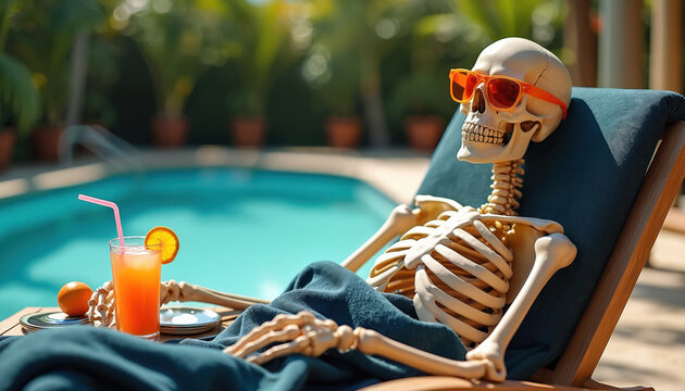 Skeleton with orange sunglasses rests on lounge chair by pool with cocktail. Tropical plants and blue water create relaxing vacation vibe. Enjoying end of days, rest, leisure time.