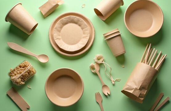 Eco-friendly disposable tableware, food packaging in light brown color. Includes paper cups, plates, bowls, wooden cutlery, straws. Sustainable alternatives for food service, events on green