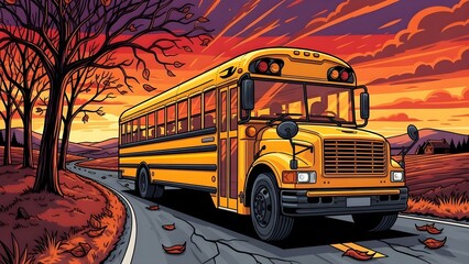 Autumn Journey A Vibrant School Bus Ride Through Seasonal Landscapes, Capturing the Essence of Travel and Nostalgia on the Road
