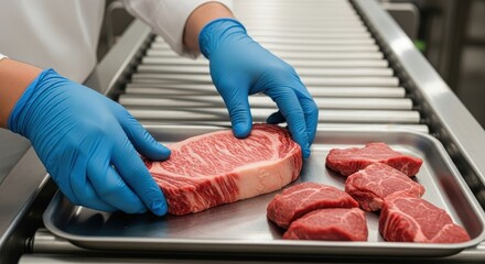 Person wearing gloves inspecting raw steak on metal tray